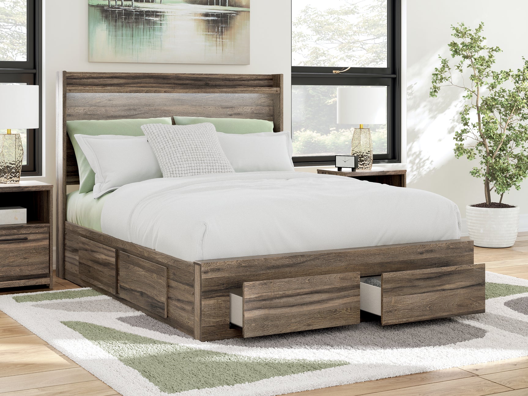 Elbrim Brown Queen Panel 6 Storage Bed, Dresser and Mirror - Ornate Home