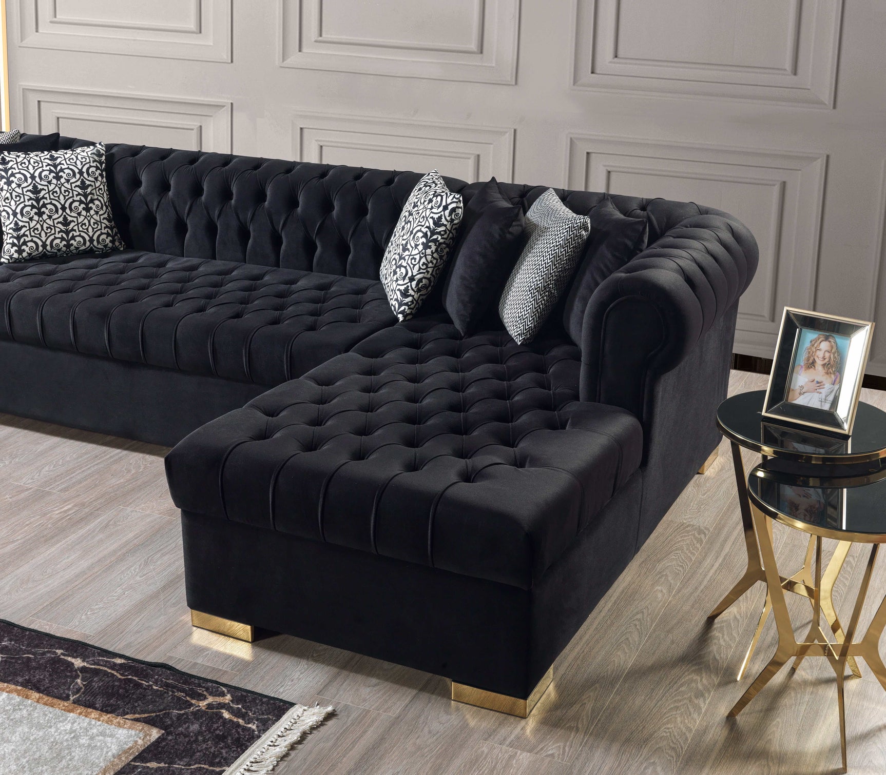Eleanor Black Velvet Double Chaise Sectional Sofa - Ornate Home