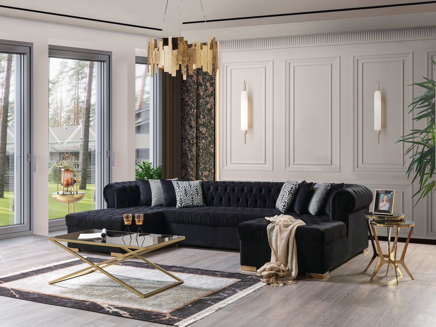 Eleanor Black Velvet Double Chaise Sectional Sofa - Ornate Home