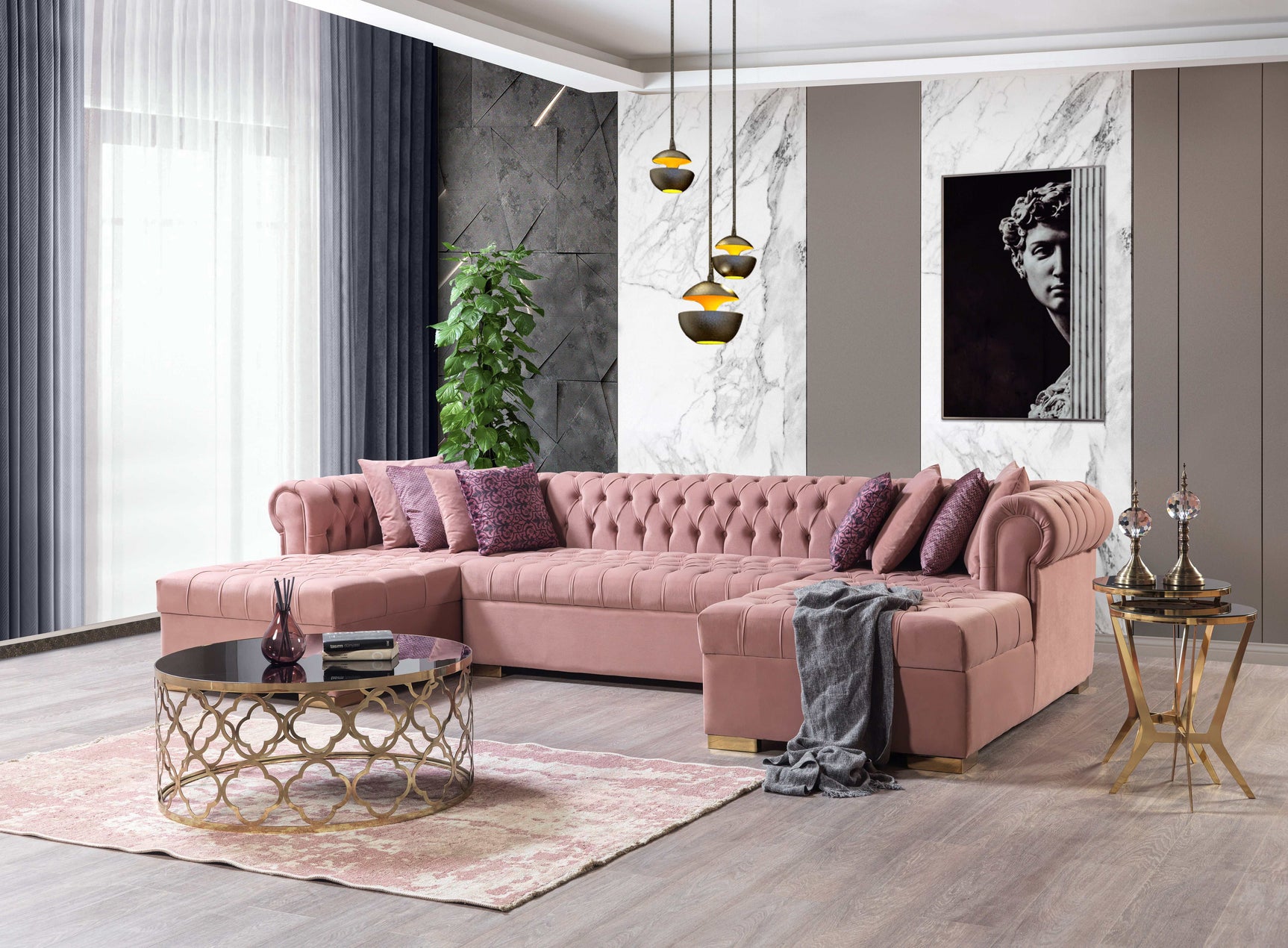 Eleanor Pink Velvet Double Chaise Sectional Sofa - Ornate Home