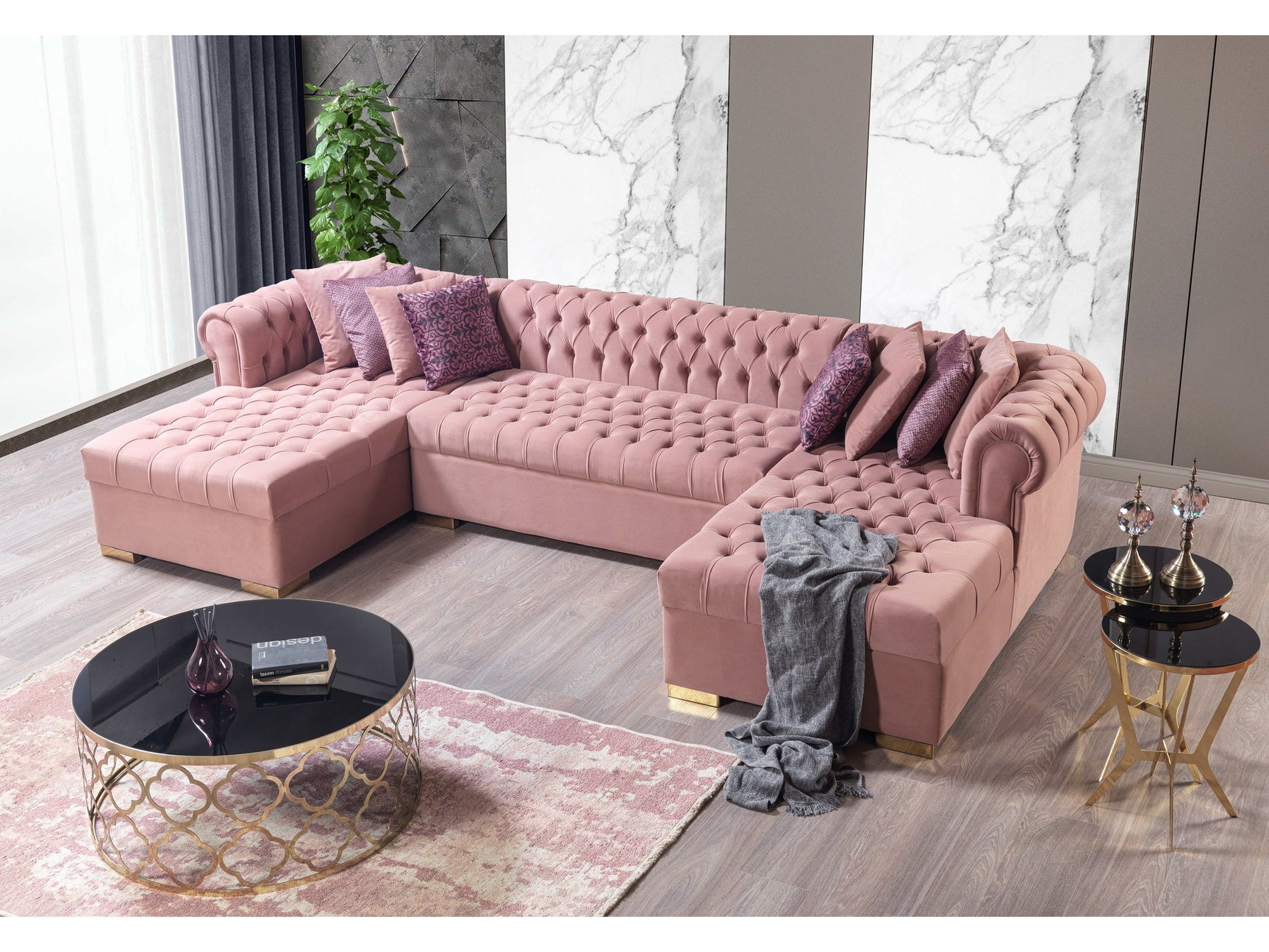 Eleanor Pink Velvet Double Chaise Sectional Sofa - Ornate Home