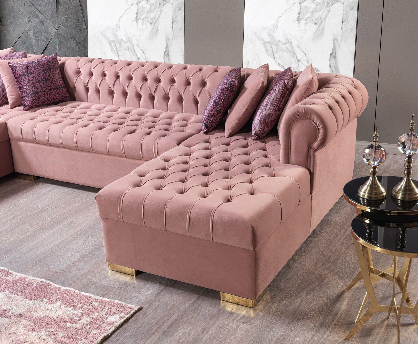 Eleanor Pink Velvet Double Chaise Sectional Sofa - Ornate Home