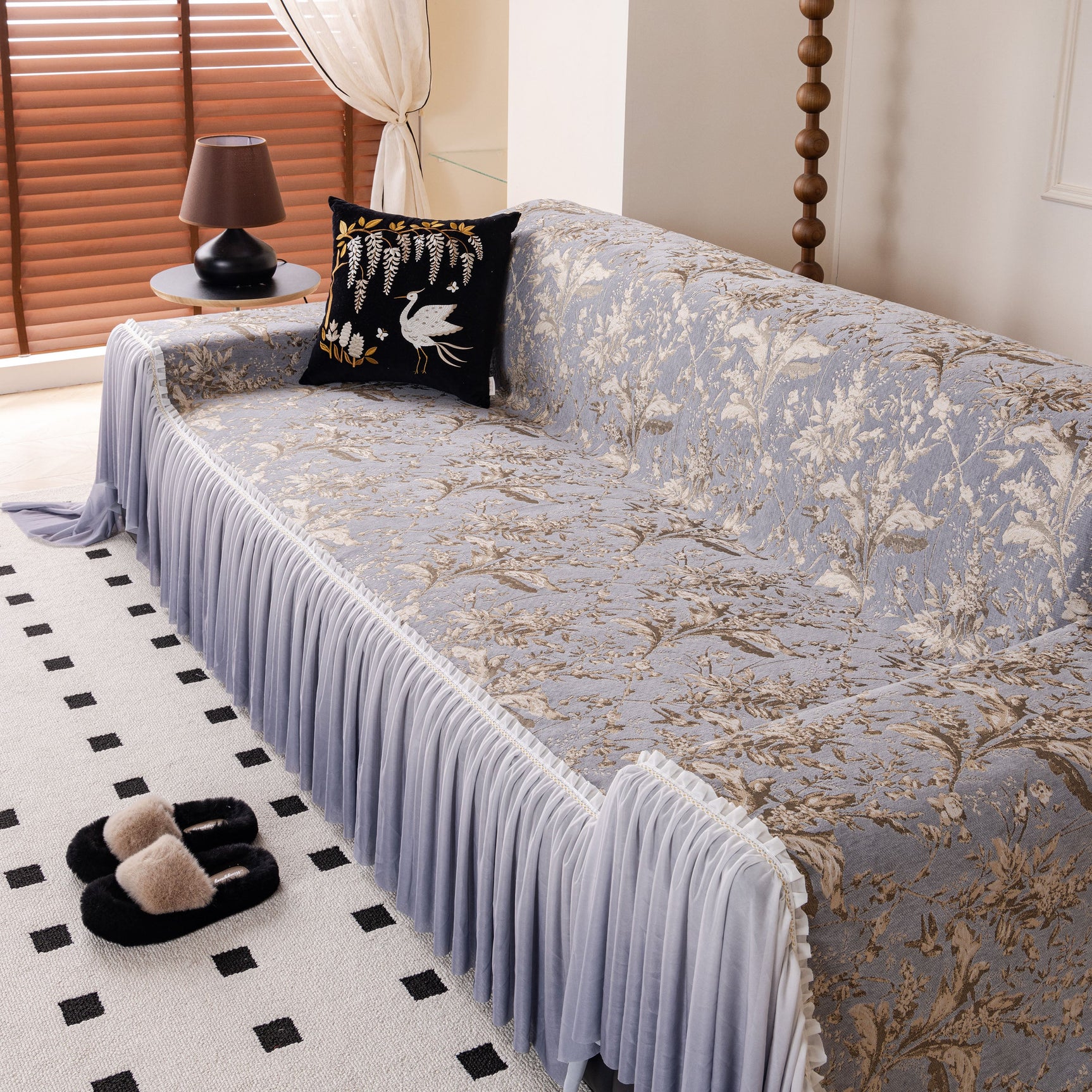 Elegant Botanical Sofa Cover with Pleated Tulle Skirt, Vintage Floral Couch Protector - Ornate Home