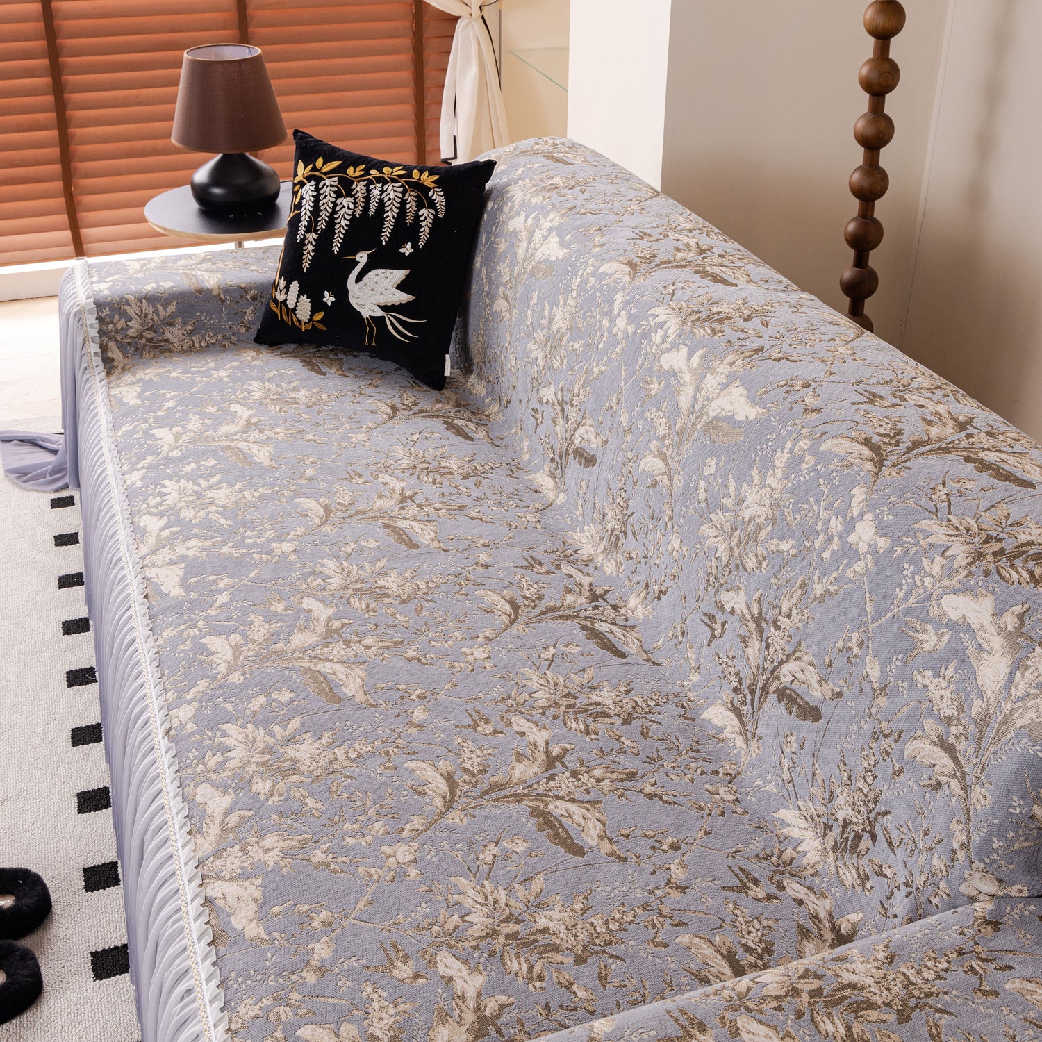 Elegant Botanical Sofa Cover with Pleated Tulle Skirt, Vintage Floral Couch Protector - Ornate Home