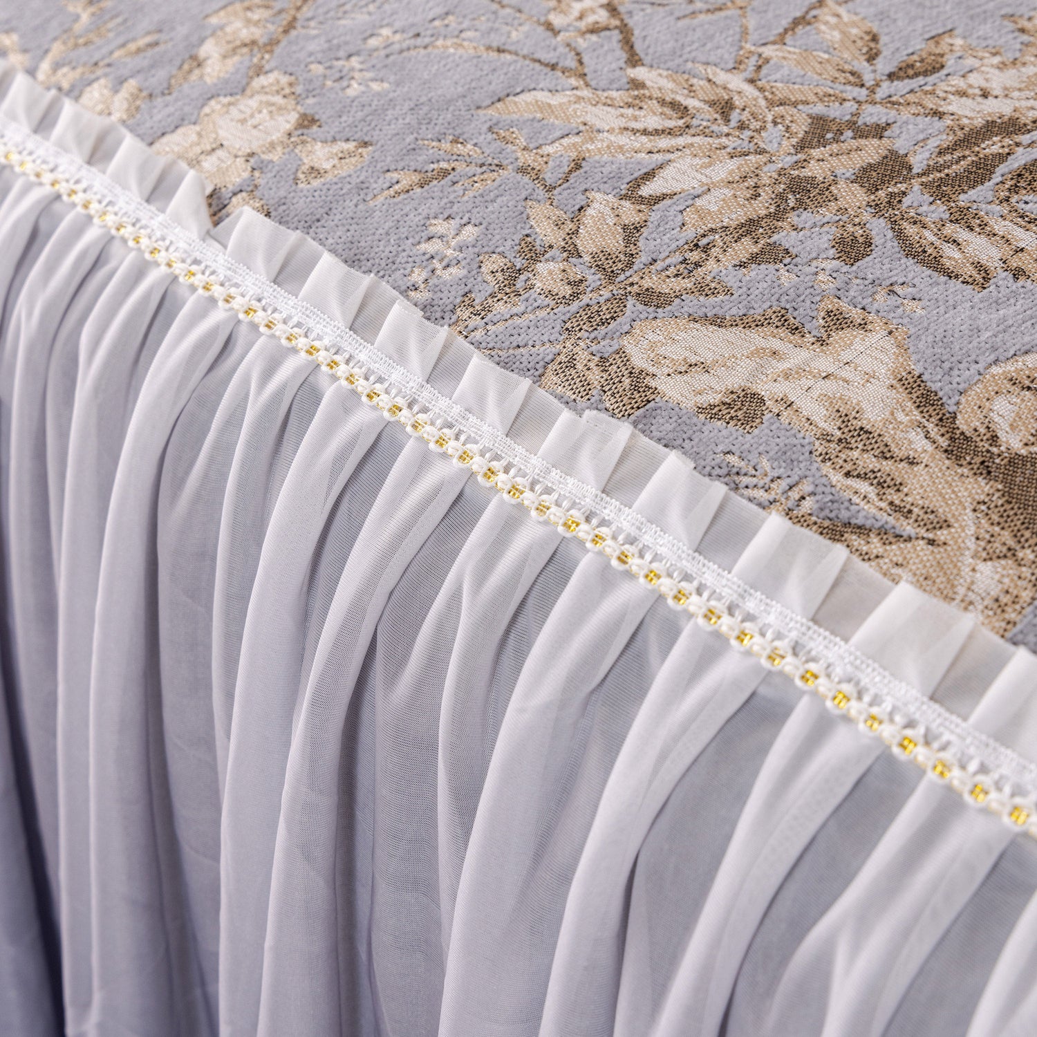 Elegant Botanical Sofa Cover with Pleated Tulle Skirt, Vintage Floral Couch Protector - Ornate Home