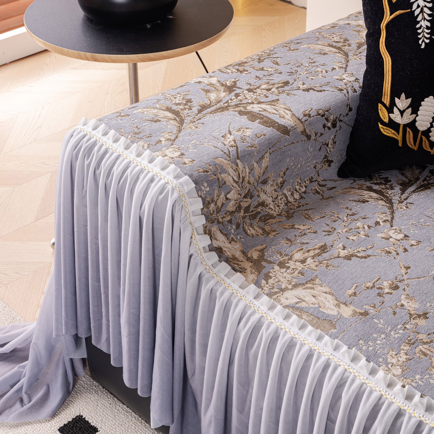 Elegant Botanical Sofa Cover with Pleated Tulle Skirt, Vintage Floral Couch Protector - Ornate Home