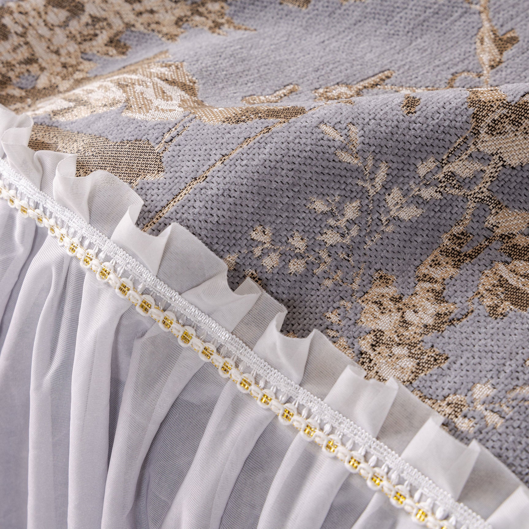 Elegant Botanical Sofa Cover with Pleated Tulle Skirt, Vintage Floral Couch Protector - Ornate Home