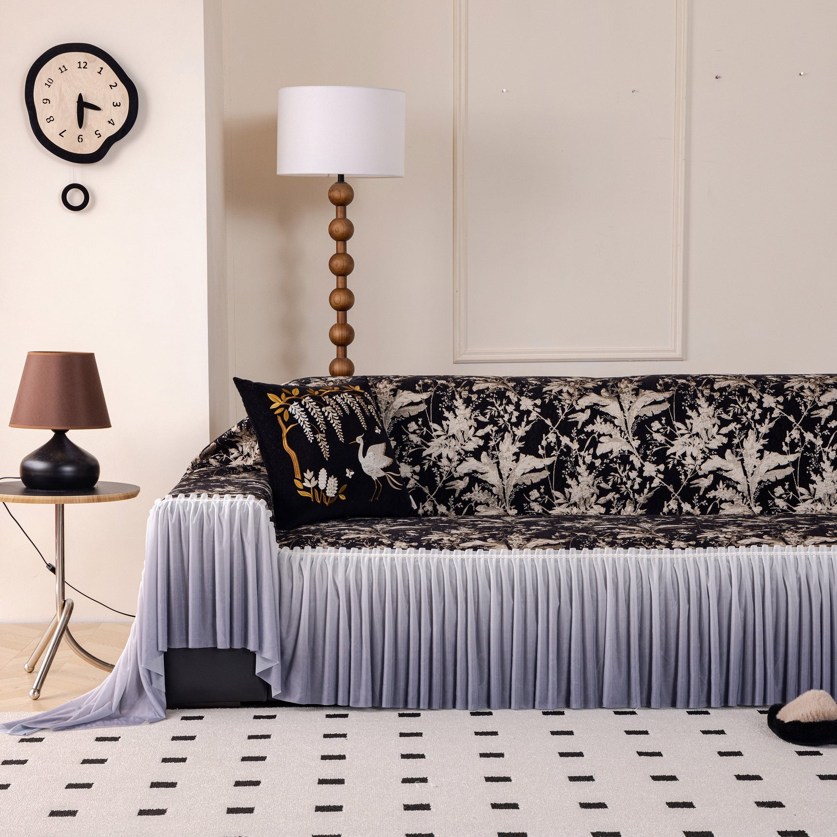 Elegant Botanical Sofa Cover with Pleated Tulle Skirt, Vintage Floral Couch Protector - Ornate Home