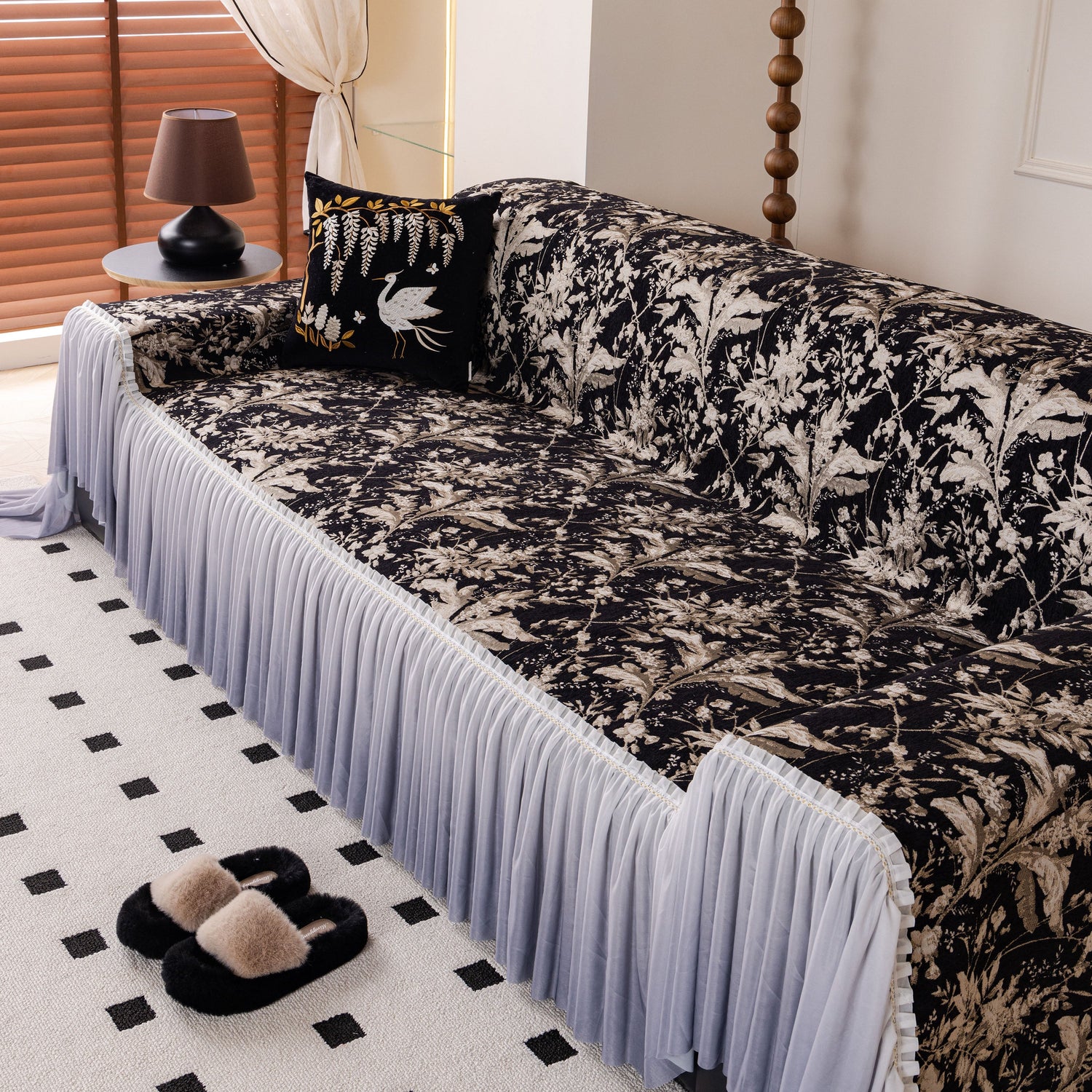 Elegant Botanical Sofa Cover with Pleated Tulle Skirt, Vintage Floral Couch Protector - Ornate Home