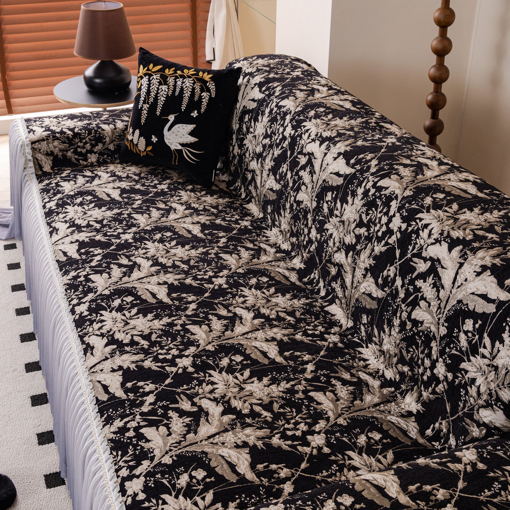 Elegant Botanical Sofa Cover with Pleated Tulle Skirt, Vintage Floral Couch Protector - Ornate Home