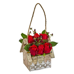Elegant Rose Artificial Arrangement in Birdhouse Hanging Planter - Ornate Home