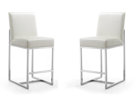 Element Faux Leather Counter Stool in Pearl White and Polished Chrome (set of 2) - Ornate Home