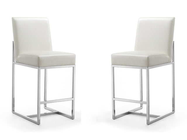 Element Faux Leather Counter Stool in Pearl White and Polished Chrome (set of 2) - Ornate Home