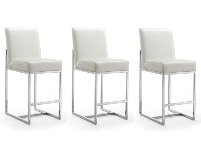 Element Faux Leather Counter Stool in Pearl White and Polished Chrome (set of 3) - Ornate Home
