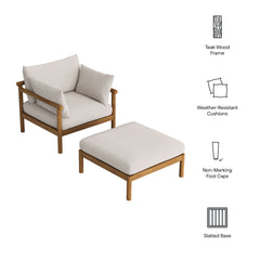 Eleni Natural Sail 2-Piece Outdoor Patio Teak Wood Armchair and Ottoman Set - Ornate Home