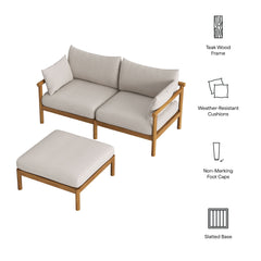 Eleni Natural Sail 2-Piece Outdoor Patio Teak Wood Loveseat with Ottoman Set - Ornate Home