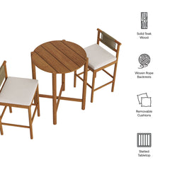 Eleni Natural Sail 3-Piece Outdoor Patio Teak Wood Bar Set - Ornate Home