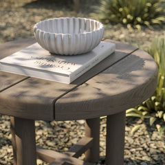 Eleni Weathered Gray 20-Inch Round Outdoor Patio Teak Wood Side Table - Ornate Home
