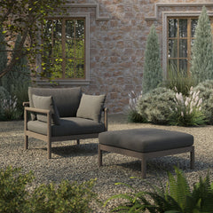Eleni Weathered Gray Flint 2-Piece Outdoor Patio Teak Wood Armchair and Ottoman Set - Ornate Home