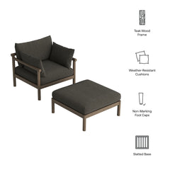 Eleni Weathered Gray Flint 2-Piece Outdoor Patio Teak Wood Armchair and Ottoman Set - Ornate Home
