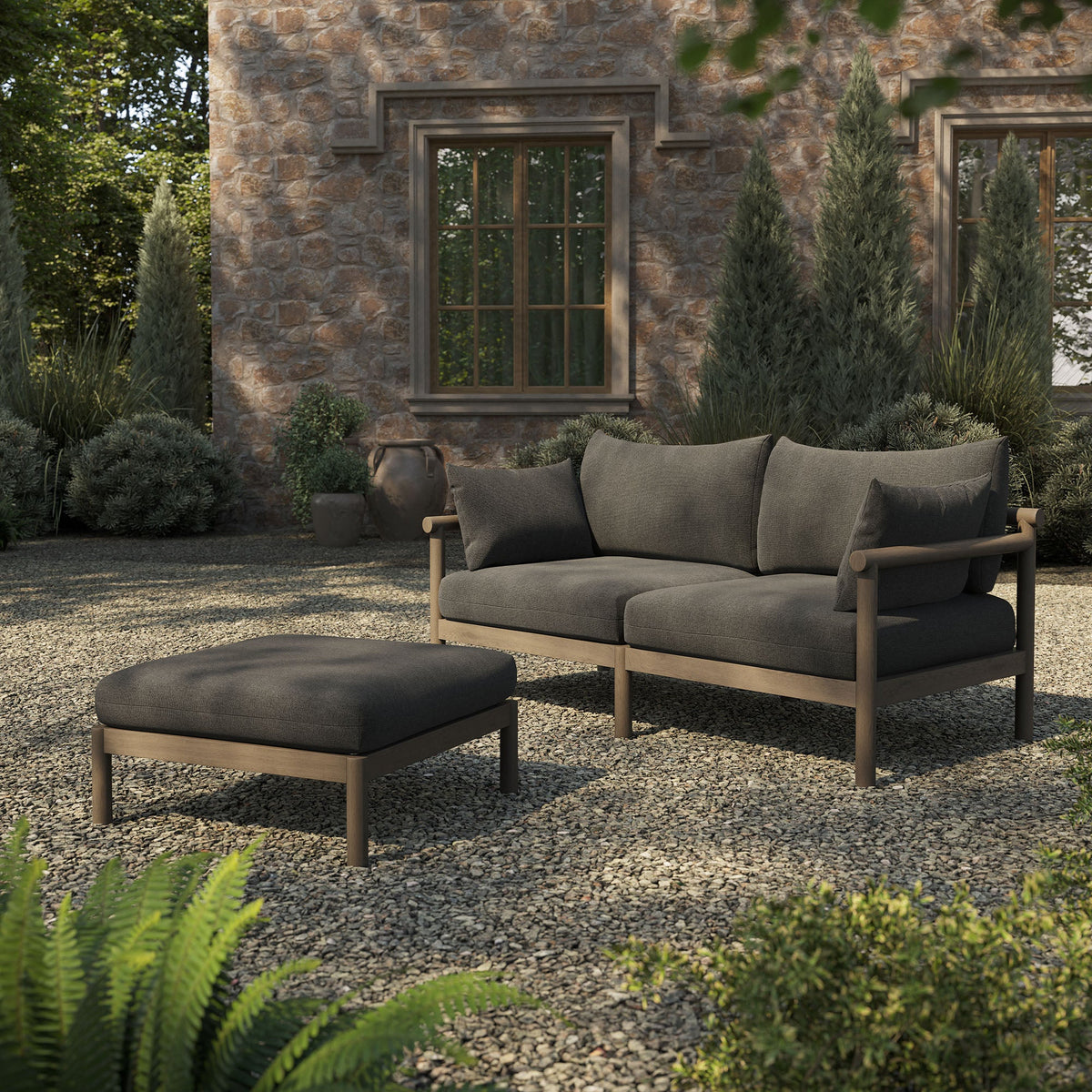 Eleni Weathered Gray Flint 2-Piece Outdoor Patio Teak Wood Loveseat with Ottoman Set - Ornate Home