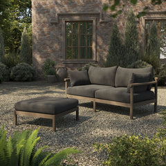 Eleni Weathered Gray Flint 2-Piece Outdoor Patio Teak Wood Loveseat with Ottoman Set - Ornate Home