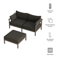 Eleni Weathered Gray Flint 2-Piece Outdoor Patio Teak Wood Loveseat with Ottoman Set - Ornate Home
