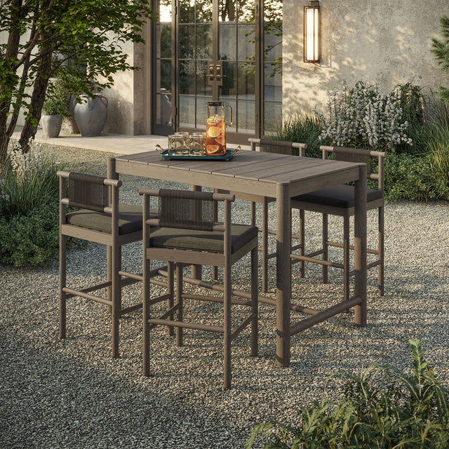 Eleni Weathered Gray Flint 5-Piece Outdoor Patio Teak Wood Bar Set - Ornate Home