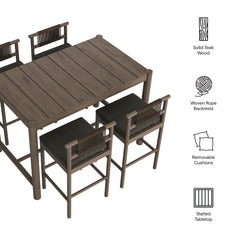 Eleni Weathered Gray Flint 5-Piece Outdoor Patio Teak Wood Bar Set - Ornate Home