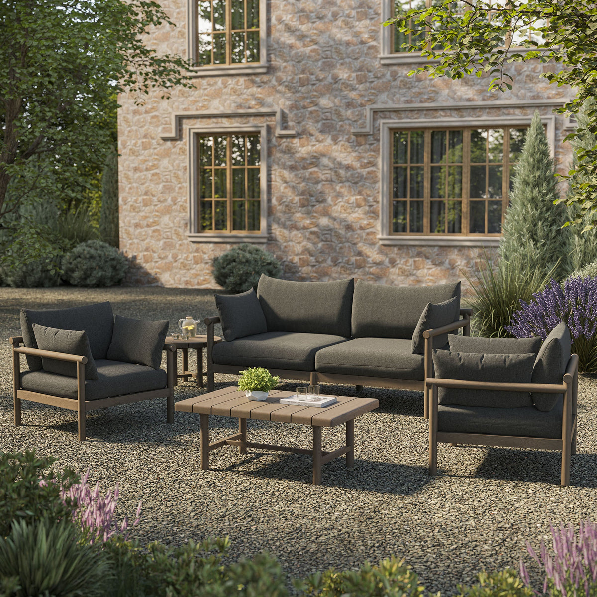 Eleni Weathered Gray Flint 5-Piece Outdoor Patio Teak Wood Furniture Set - Ornate Home