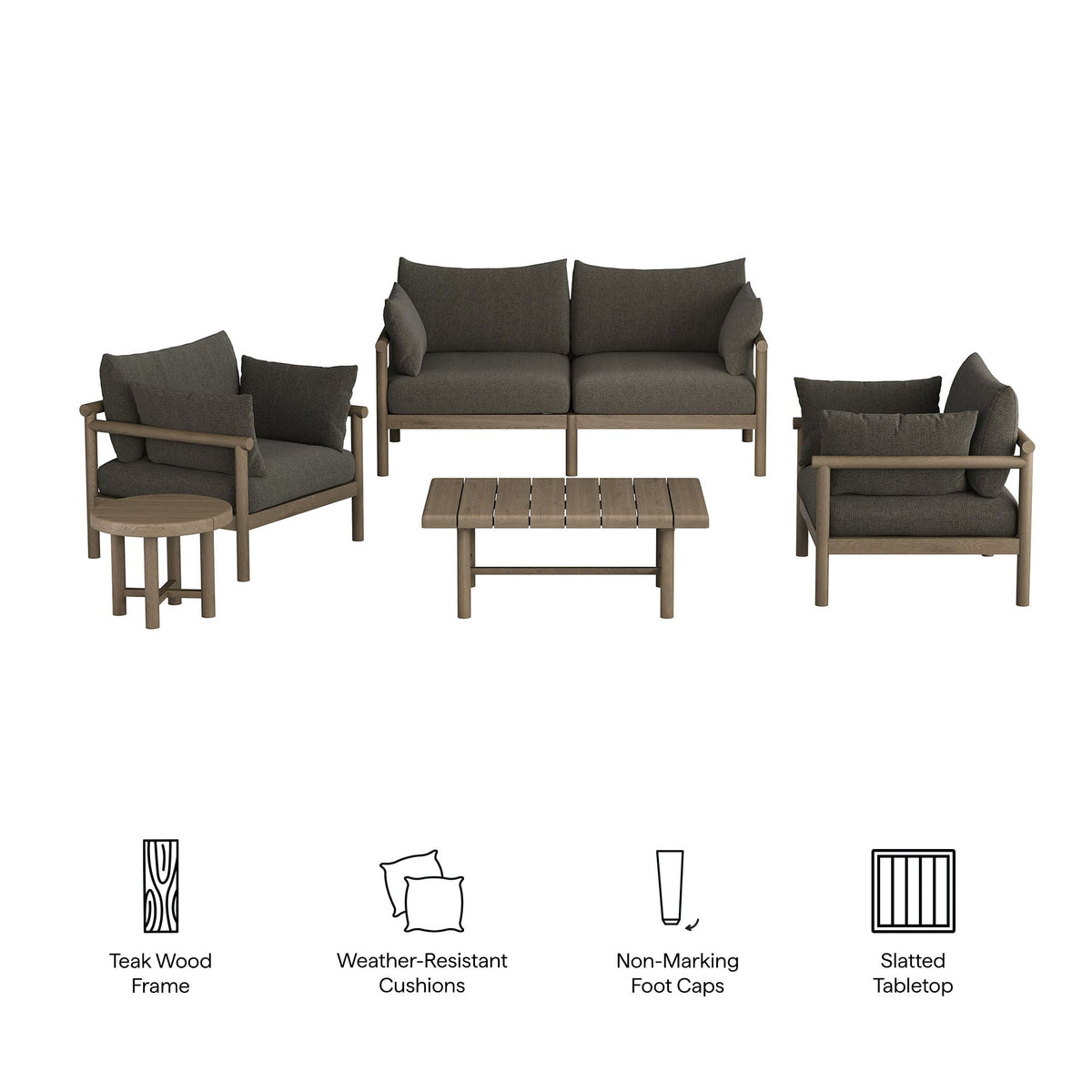 Eleni Weathered Gray Flint 5-Piece Outdoor Patio Teak Wood Furniture Set - Ornate Home