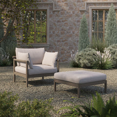 Eleni Weathered Gray/Pebble 2-Piece Outdoor Patio Teak Wood Armchair and Ottoman Set - Ornate Home