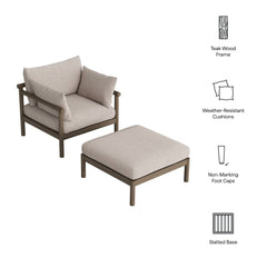 Eleni Weathered Gray/Pebble 2-Piece Outdoor Patio Teak Wood Armchair and Ottoman Set - Ornate Home