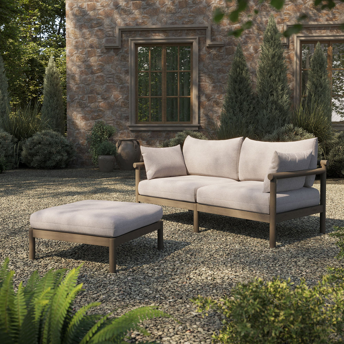 Eleni Weathered Gray/Pebble 2-Piece Outdoor Patio Teak Wood Loveseat with Ottoman Set - Ornate Home