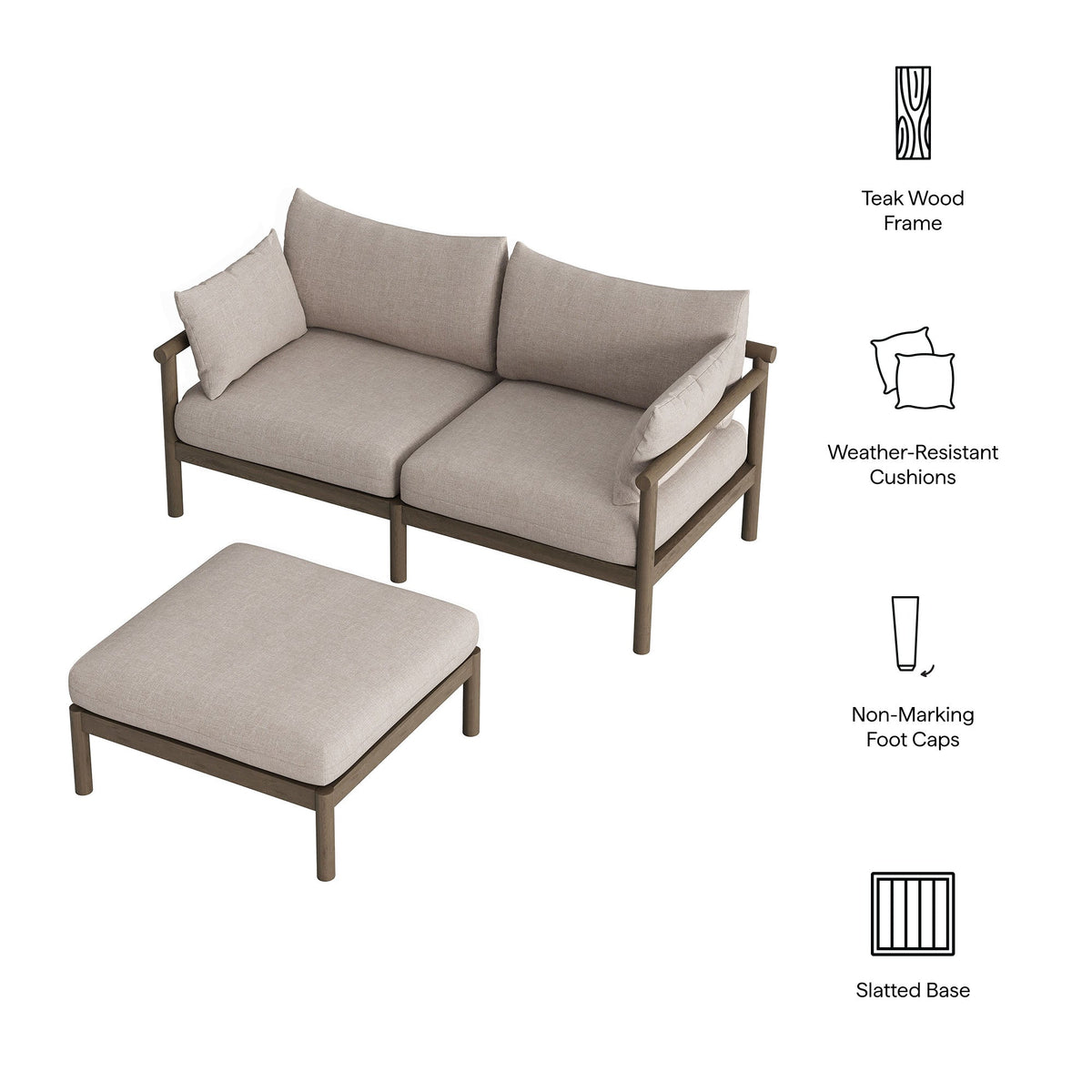 Eleni Weathered Gray/Pebble 2-Piece Outdoor Patio Teak Wood Loveseat with Ottoman Set - Ornate Home
