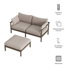 Eleni Weathered Gray/Pebble 2-Piece Outdoor Patio Teak Wood Loveseat with Ottoman Set - Ornate Home