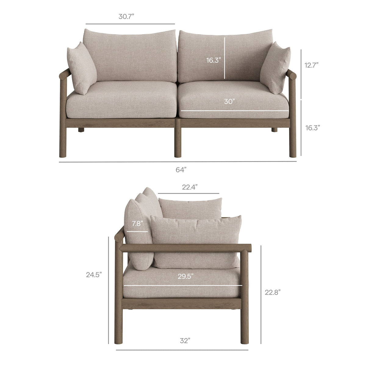 Eleni Weathered Gray/Pebble 2-Piece Outdoor Patio Teak Wood Loveseat with Ottoman Set - Ornate Home