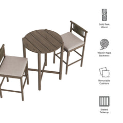 Eleni Weathered Gray/Pebble 3-Piece Outdoor Patio Teak Wood Bar Set - Ornate Home