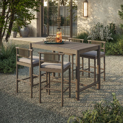 Eleni Weathered Gray/Pebble 5-Piece Outdoor Patio Teak Wood Bar Set - Ornate Home