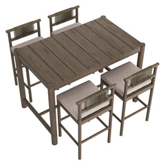 Eleni Weathered Gray/Pebble 5-Piece Outdoor Patio Teak Wood Bar Set - Ornate Home