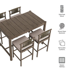 Eleni Weathered Gray/Pebble 5-Piece Outdoor Patio Teak Wood Bar Set - Ornate Home