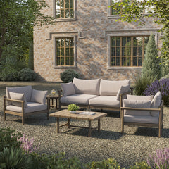 Eleni Weathered Gray/Pebble 5-Piece Outdoor Patio Teak Wood Furniture Set - Ornate Home