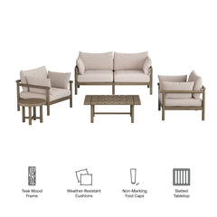 Eleni Weathered Gray/Pebble 5-Piece Outdoor Patio Teak Wood Furniture Set - Ornate Home
