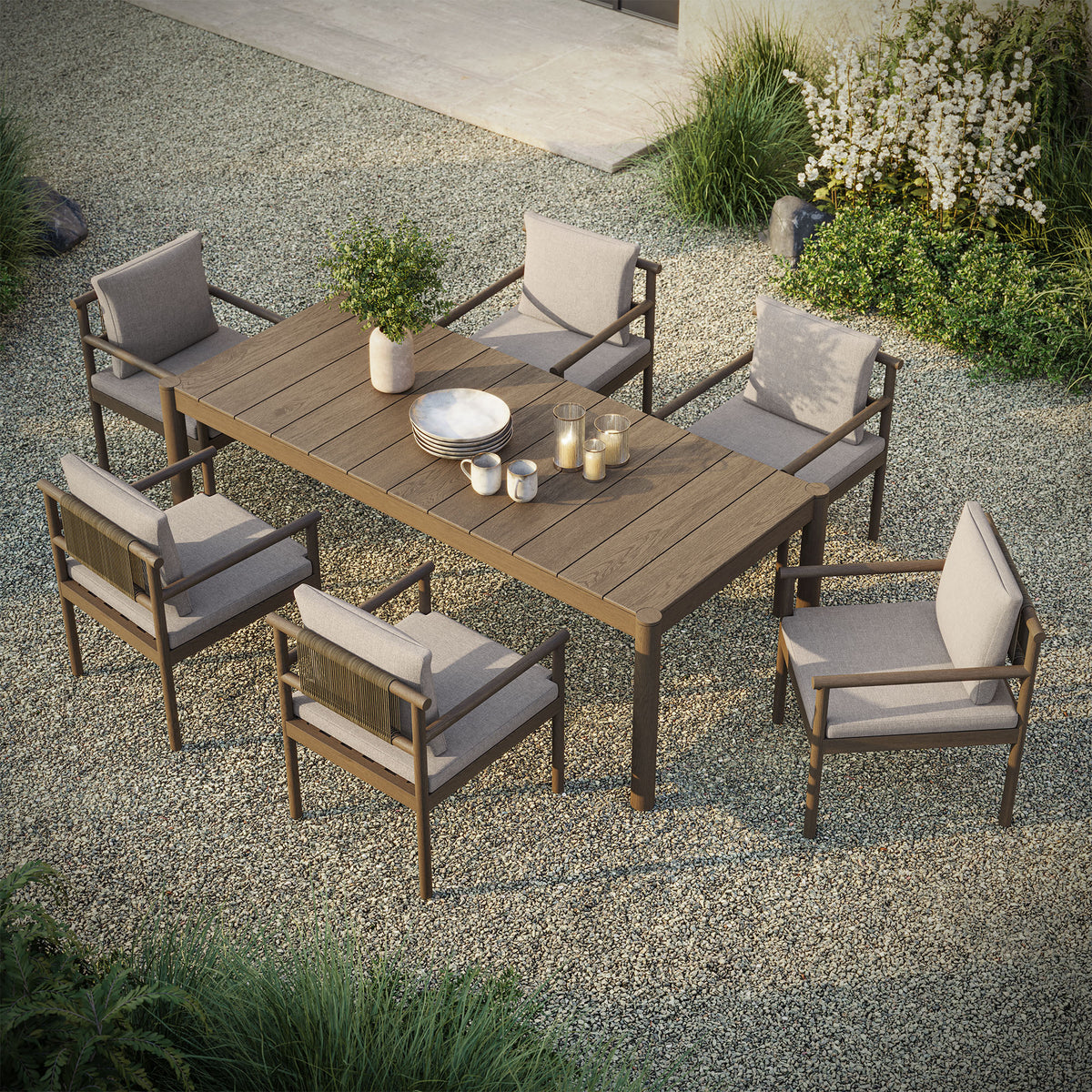 Eleni Weathered Gray/Pebble 7 Piece Outdoor Patio Teak Wood Dining Set - Ornate Home