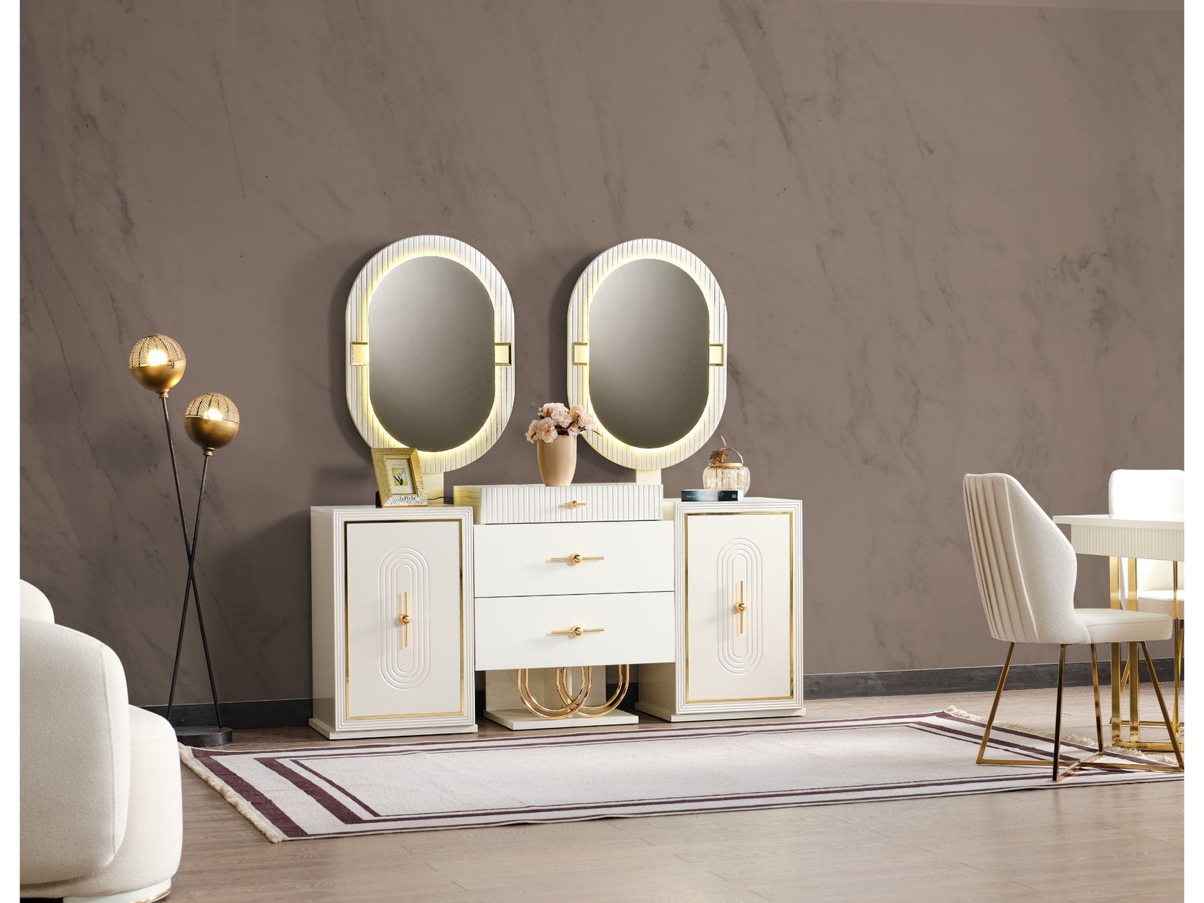 Marsel Cream Dining Room Set (Consol With Mirror & Dining Table & 6 Dining Chair)