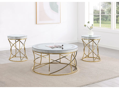 Elise Gold 3-piece Round Mirror Top Coffee and End Table Set - Ornate Home