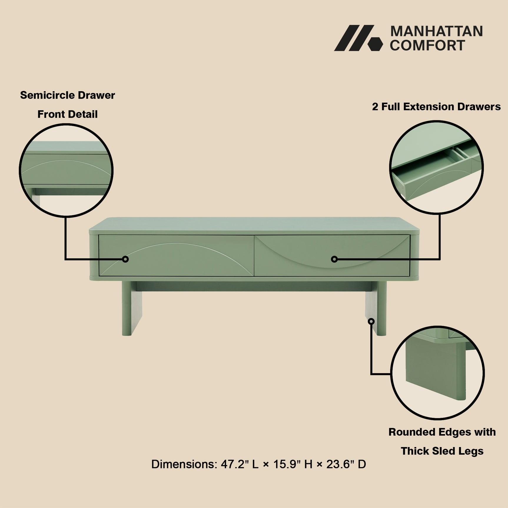 Ella 47.2" Coffee Table in Sage Green - Ornate Home