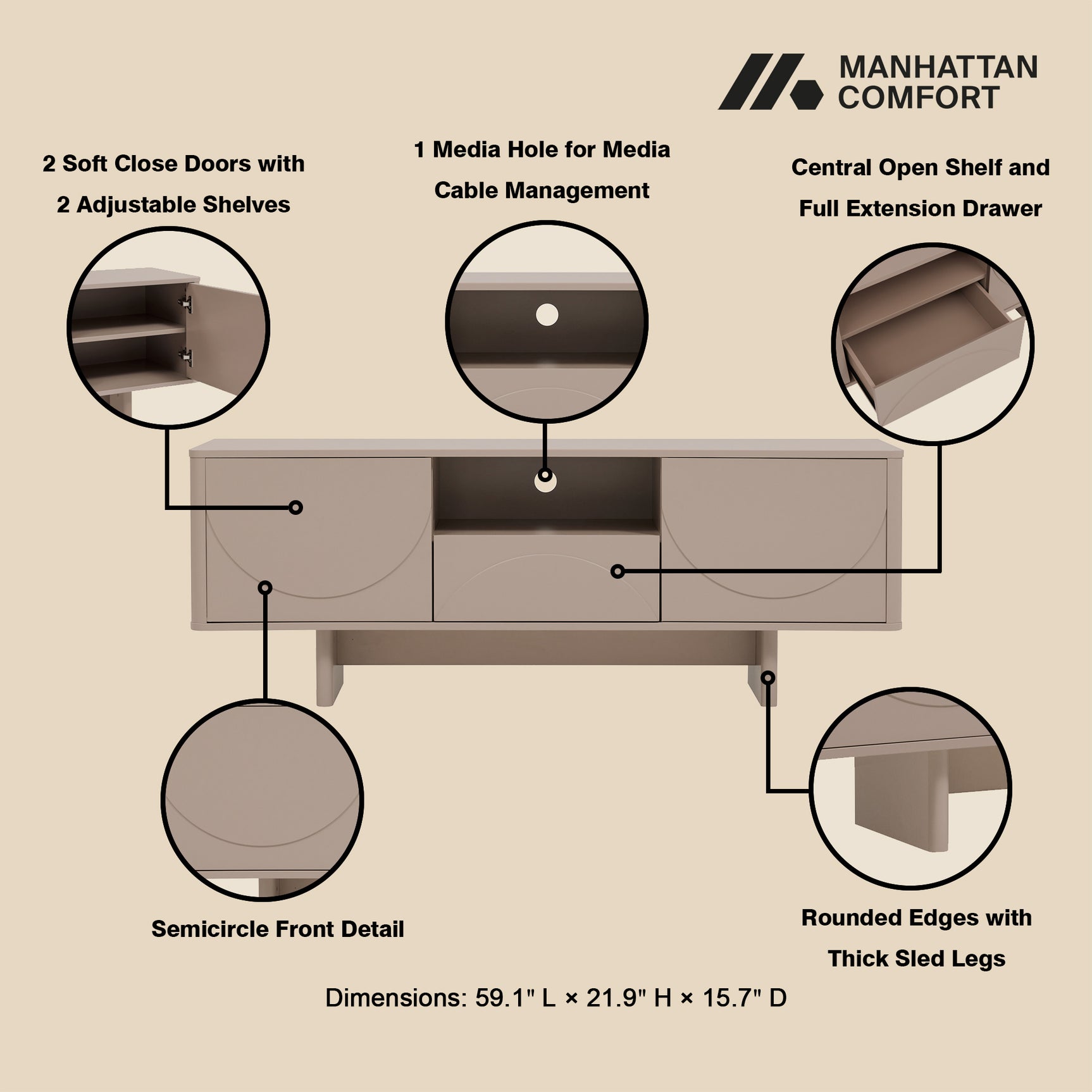 Ella 59" TV Stand in Mocha - Ornate Home