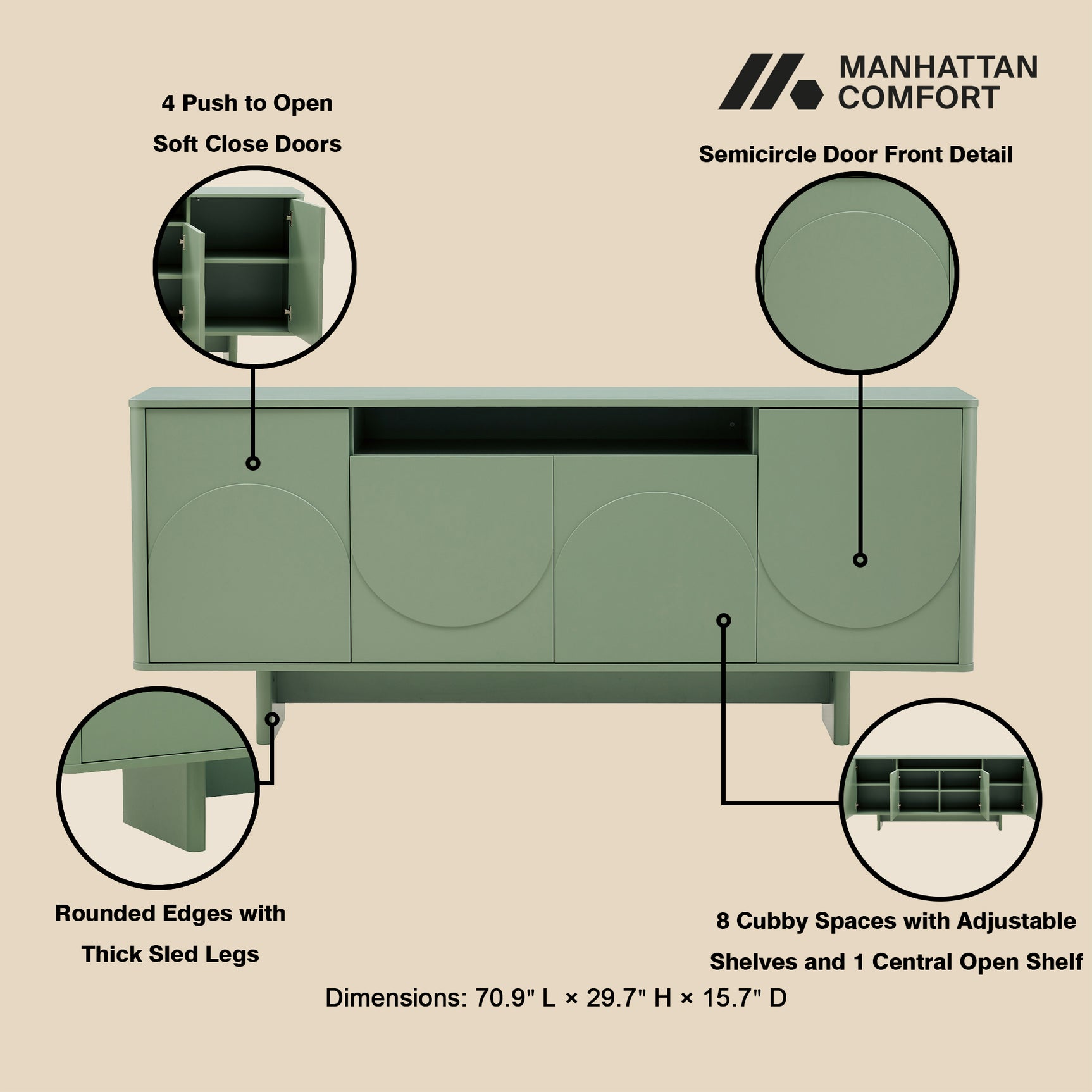 Ella 70.86" Sideboard in Sage Green - Ornate Home