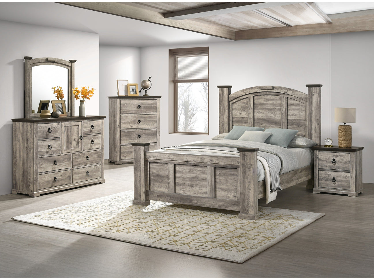 Ella-Mae Gray/Brown Queen Poster Bedroom Set - Ornate Home